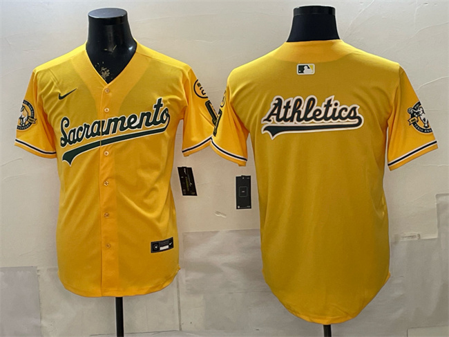 Men's Oakland Athletics Team Big Logo 2026 Yellow Alternate Sacramento Celebrating 125 Years Vapor Limited Stitched Baseball Jersey